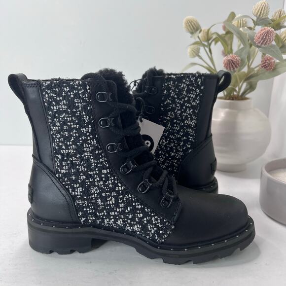 Sorel Lennox Leather Textile Shearling Lug Sole WP Boot Black/White Women 6 NWOB - Picture 6 of 10